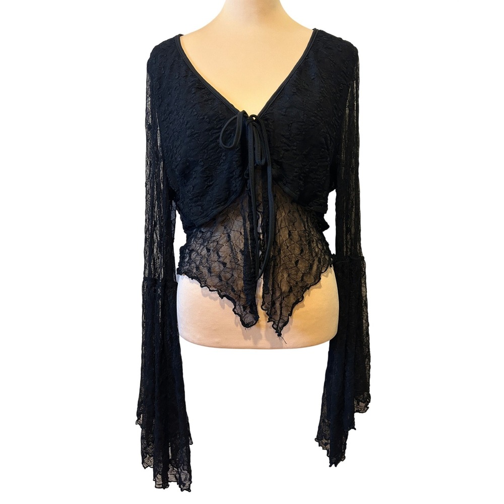 Unbranded Top XL Black Sheer Floral Lace Bell Sleeve Tie Front Whimsigoth Witchy